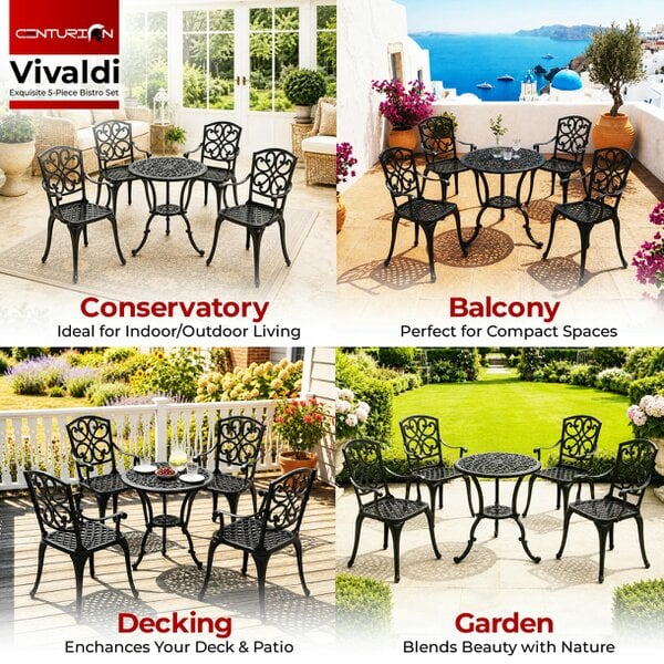 Centurion VIVALDI Black 5-Piece Cast Aluminium Garden Bistro Set - Rust-Proof Round Table with Parasol Hole & 4 Large Armchairs - Baroque Design