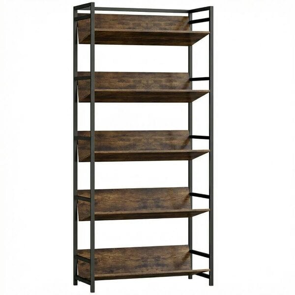 Bookshelf 5-Tier Metal Frame Room Divider Bookcase Storage Shelves for Living Room Rustic Brown