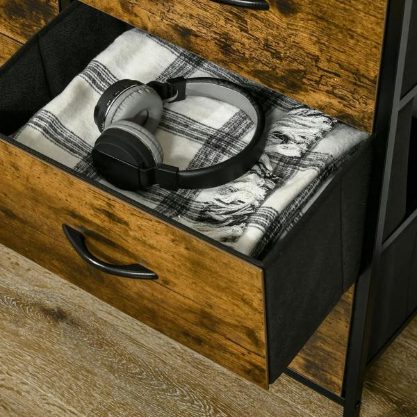 Close-up of rustic brown drawer with patterned fabric and headphones storage