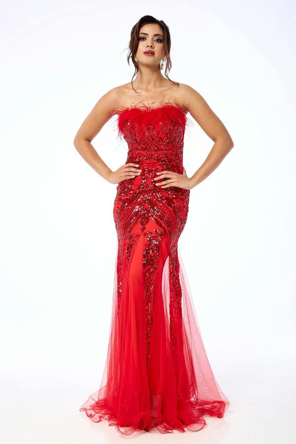 LuvForever Lenora - Red Bandeau Sequin Maxi Dress
