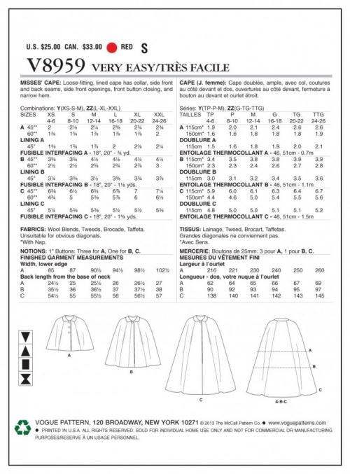 Vogue Sewing Pattern 8959, Capes, Coats for Women, XS-S-M - Easy