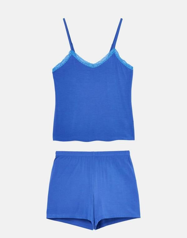 British Boxers Women's Bamboo Lace Camisole Short Pyjama Set - Ultra Blue