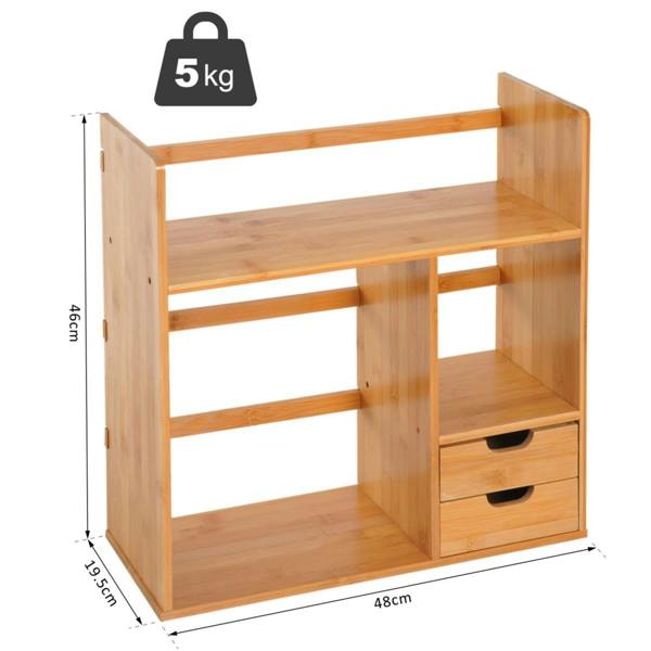 Dyzi Bamboo Desk Organiser Rotatable Desktop Bookshelf with 2 Drawers