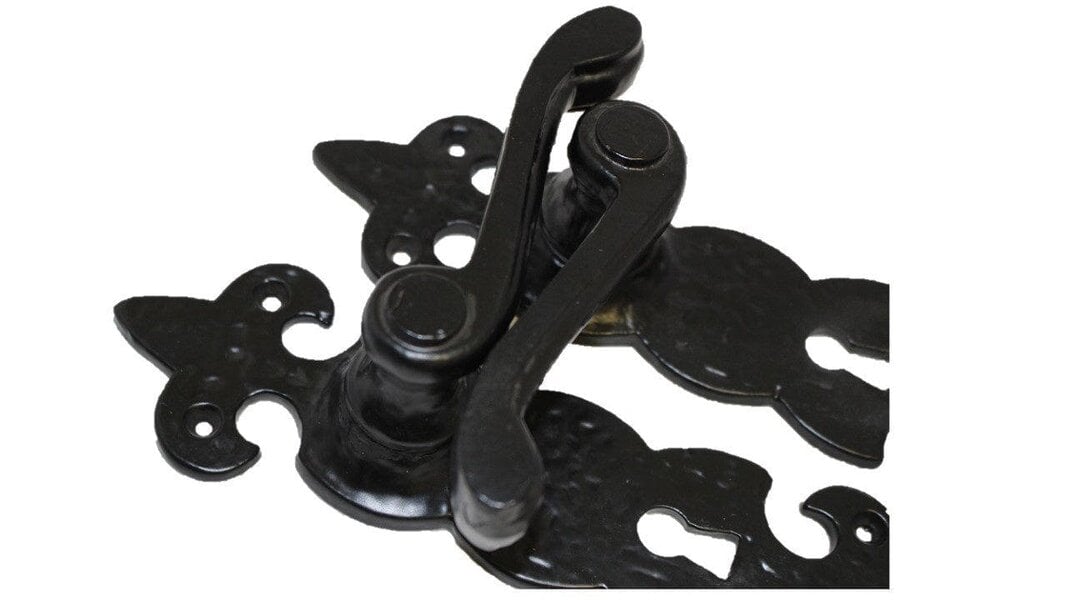 EDH Door Hardware Black Cast Iron Fleur-de-Lys Lever Lock Door Handles  Ornate Antique Internal