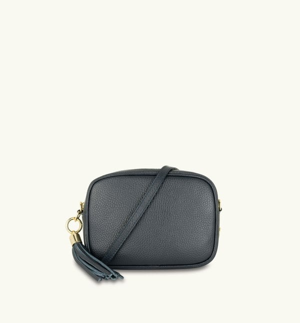 Apatchy London The Tassel Navy Leather Crossbody Bag with Grey Leopard Strap