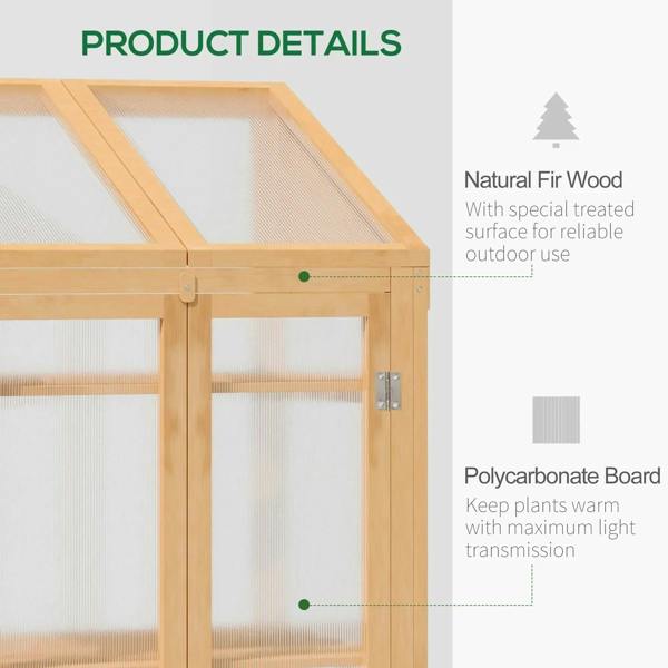 Wooden cold frame greenhouse corner with clear polycarbonate window panels