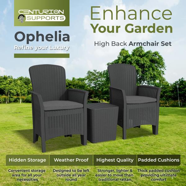 Homeology OPHELIA 3-Piece Rattan Garden Furniture High Back Armchair Set with Side Table in Black