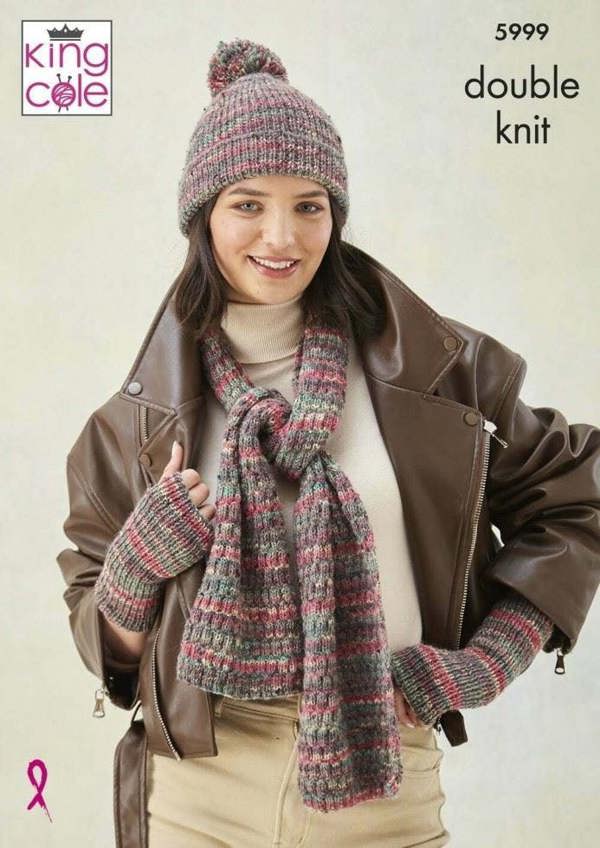 King Cole Homespun Prism DK Knitting Pattern 5999, Scarves, Headwear, Wrist Warmers for Women, One Size