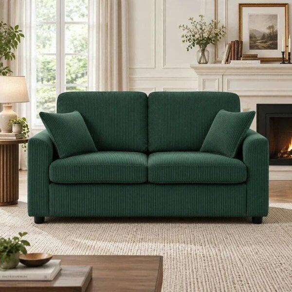 2 Seater Sofa, Corduroy Small Couch with Spring Cushion, Wide and Deep Seat, Dark Green - Dark Green