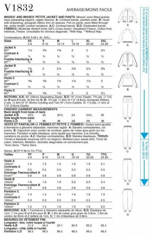 Vogue Sewing Pattern 1832, Trousers, Jackets for Women, A (XS-S-M-L-XL-XXL) - Intermediate