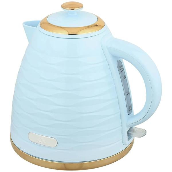 Light blue electric kettle with gold lid, base, and water level indicator