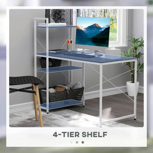 Black-and-white reversible computer desk with 4-tier shelf and storage on right