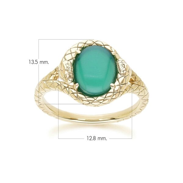 Gemondo ECFEW Oval dyed green chalcedony snake two-headed coiled bezel-set cabochon ring in gold vermeil sterling silver