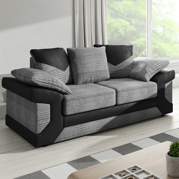 Dino Jumbo Cord with Leather 3+2 Seater Fabric Sofa in Grey with Black