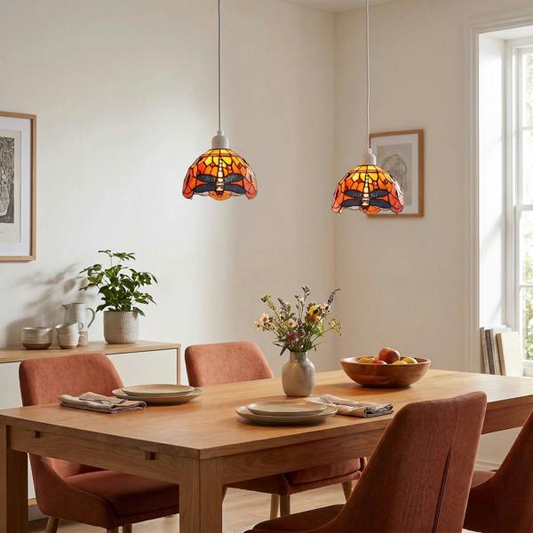 Vivid Orange and Amber Stained Glass Dragonfly Tiffany Pendant Shade Image 6