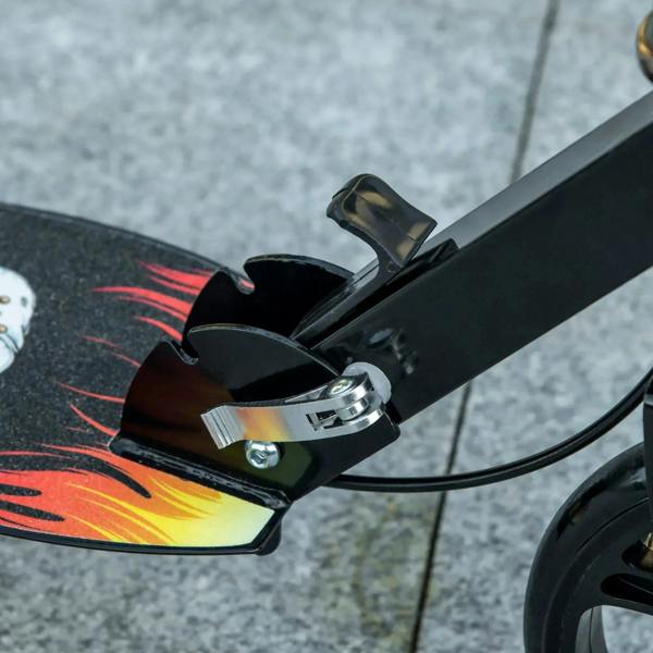 Black kick scooter brake lever on handle with wide deck and flame graphic