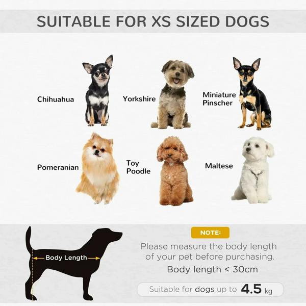 Pet sofa bed size chart for extra-small dogs, showing body-length guide and max weight