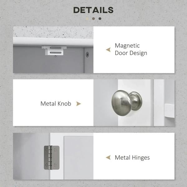 White bathroom cabinet detail: metal knob, magnetic door design, and metal hinges