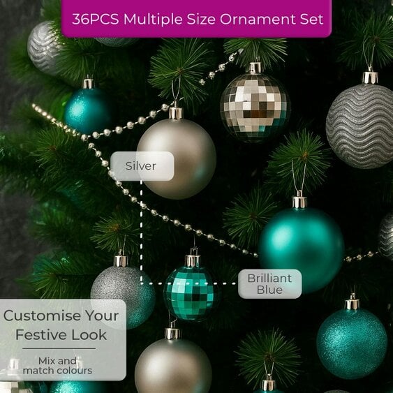 Neo Brilliant Blue 36 Christmas Tree Ornaments Set Baubles Glitter Balls Holiday Festive Decorations Assorted Sizes Colours Home Party Décor