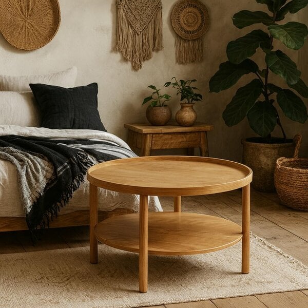 Wyld Haus Bermudas Natural Oak Wood Round Coffee Table Bottom Shelf