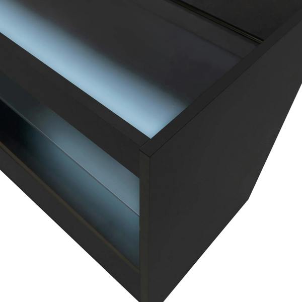 Sleek black LED retail shop counter C1500 with illuminated glass top and open shelving, perfect for showcasing products
