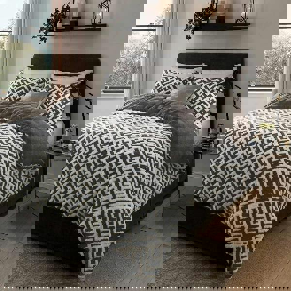 Smart Living Luxurious GEO JACQUARD Fleece Duvet Cover with Pillowcases - Charcoal