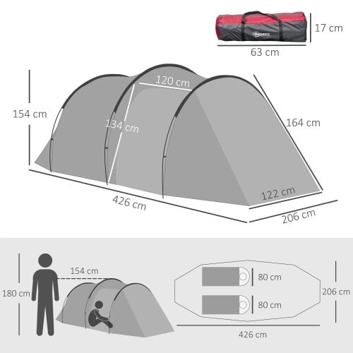 Bobobiy 2-3 Person Tunnel Tent with Sewn-in Groundsheet, 2000mm Water Column, Camping Tent with 1 Bedroom, Living Area for Camping, Grey