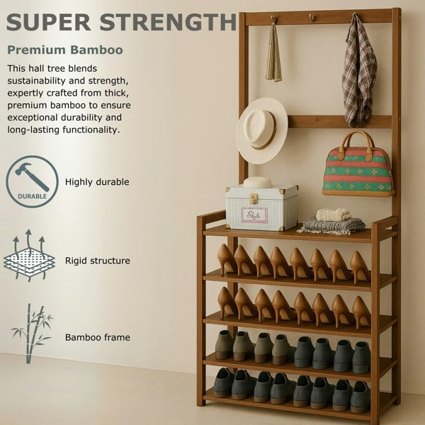 BMBO Wooden Clothes Rack With 12 Hooks & 5 Tier Shoe Storage