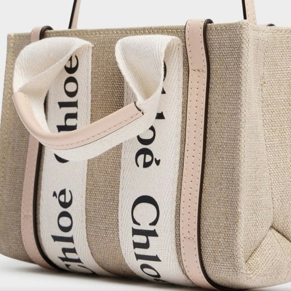 Chloé &nbsp;tote bag in linen canvas &amp; cement pink leather with Chloé logo webbing