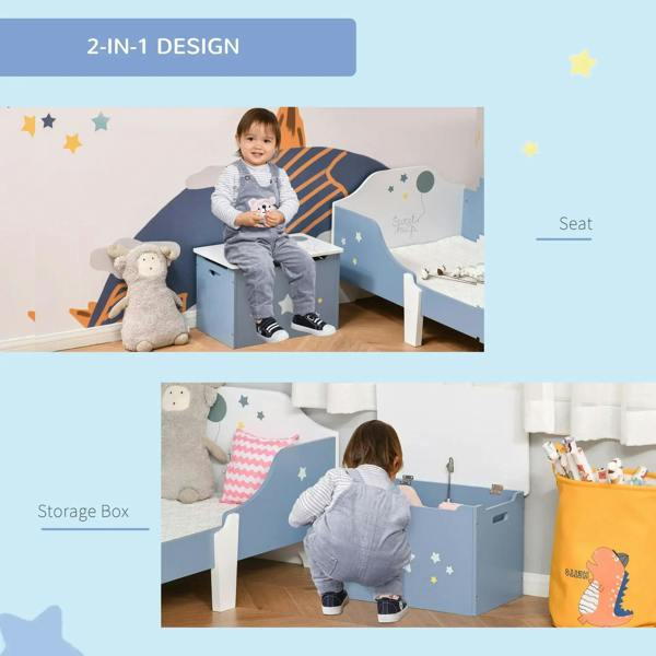 Kids wooden toy box, blue with hinged lid; used as seat and storage