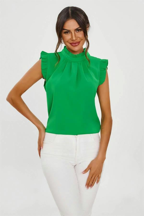 FS Collection Frill Trim Sleeve High Neck Blouse Top In Light Green