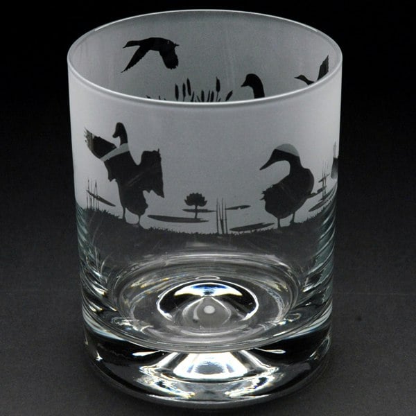 Glyptic Glass Art Duck Whiskey Tumbler Glass - Hand Etched/Engraved Gift