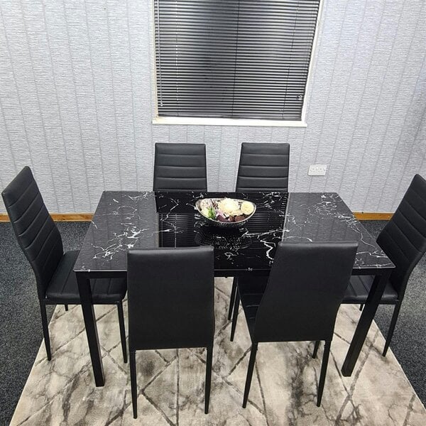 Kosy Koala Modern Black Glass Marble Effect Dining Table Set With 6 Black Chairs Dining Room Furniture