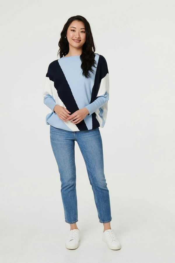 Blue | Colour Block Print Batwing Sleeve Jumper
