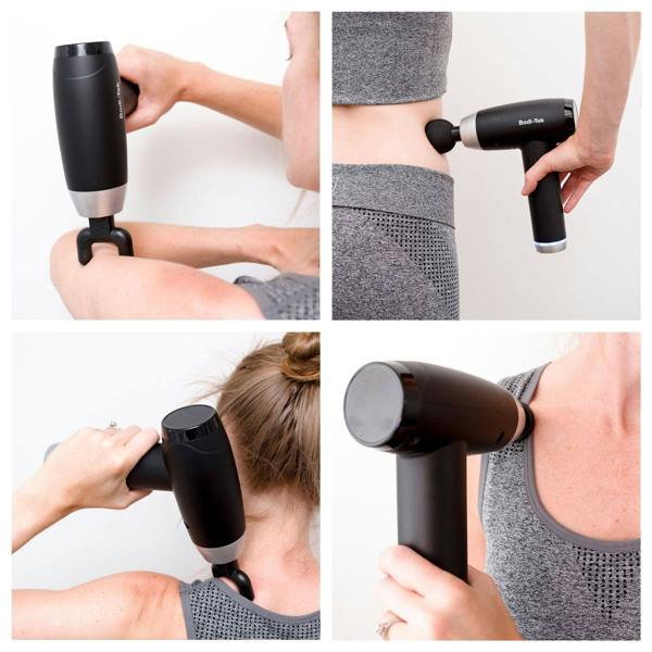 A collage of four images shows a person using the Deep Tissue Sports Massage Gun, black in color, on their upper arm, lower back, neck, and shoulder while dressed in gray athletic wear for effective muscle recovery.