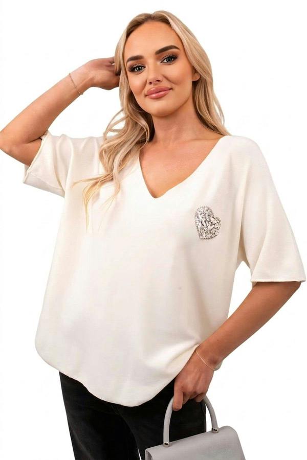 Della Short Sleeve V-neck Oversized Rhinestone Heart Detail Top - White_wb