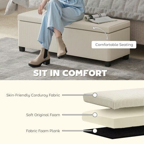 Wyld Haus Toha Beige Corduroy Storage Ottoman Bench With Removable Lid