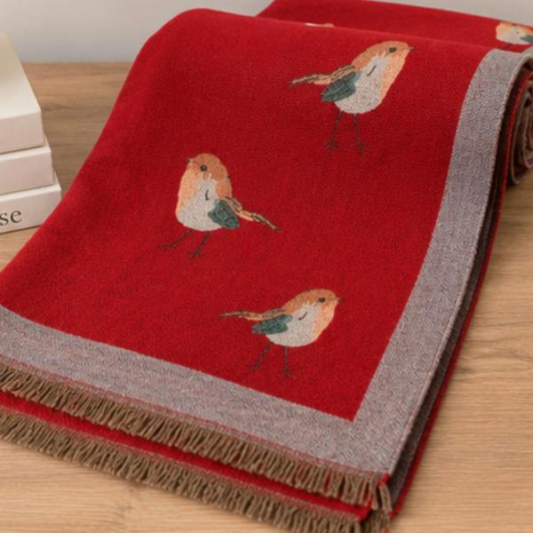 Women’s Robin Bird Scarf with Fringed Edge