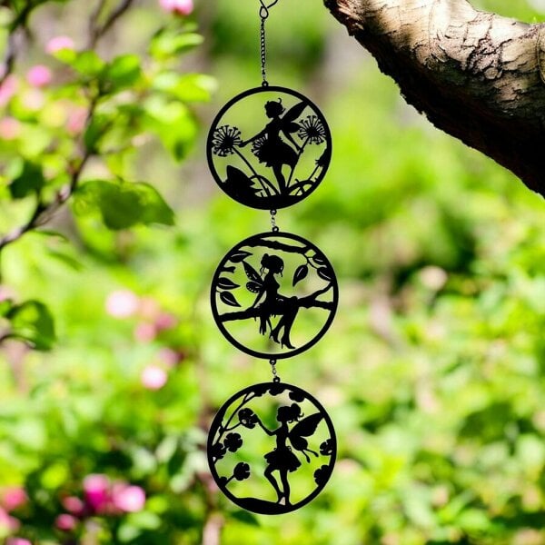 EDH Door Hardware Black Fairy Silhouette Hanging Trio Spinner– 60cm x 15cm | 3-Tier Kinetic Wind Spinner for Garden & Home