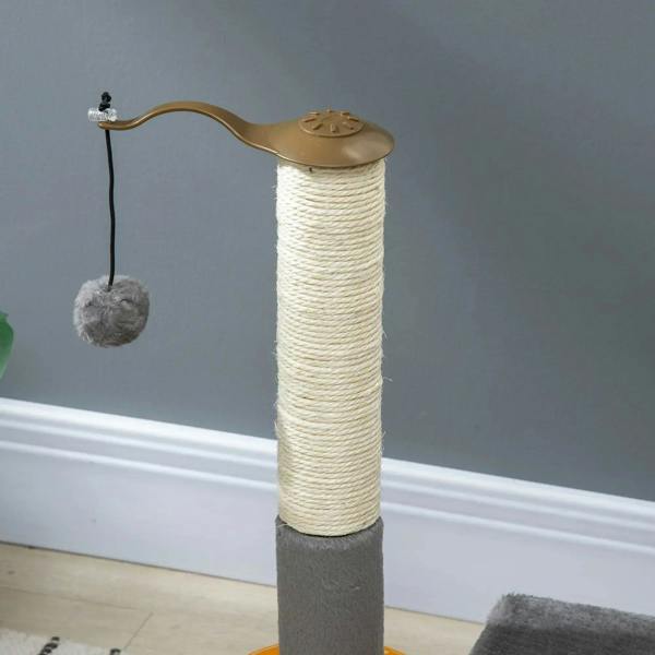 Tall grey cat tree tower with cream sisal scratching post and hanging ball
