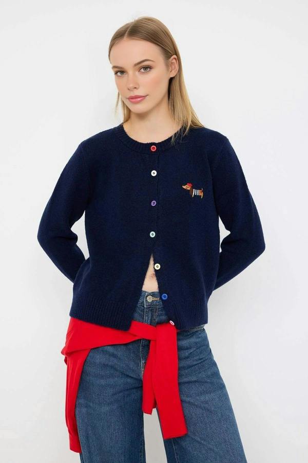 WOVCOR Crew Neck Soft Textured Dog Embroidered Knitwear Cardigan