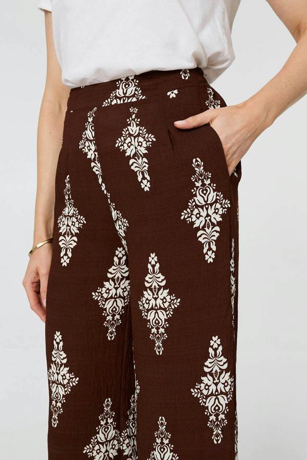 Brown | Border Print High Waist Wide Trousers