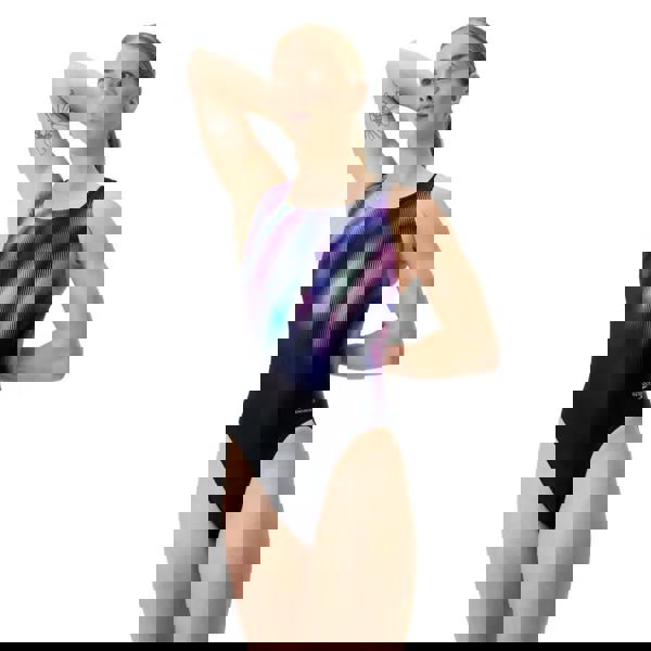 Speedo Club Training Printed Powerback Swimsuit in black with purple green abstract nylon spandex design