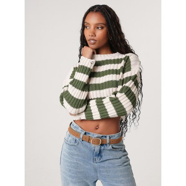 Pink Vanilla Distressed Striped Crop Knit Jumper