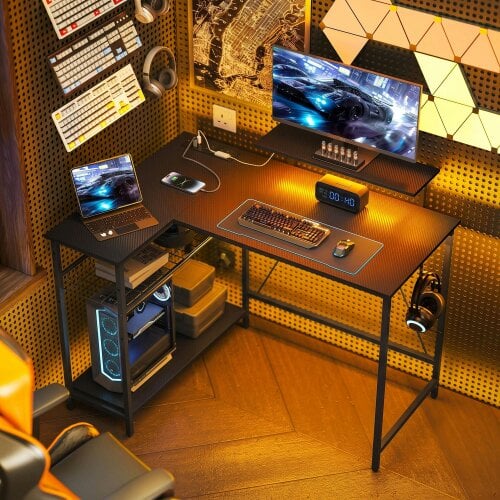 HOMCOM 114.5 cm L-Shaped Gaming Desk, Computer Desk with LED Lights, Black