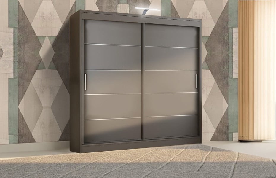 RAC3 Stylish Bedroom Sliding Wardrobe with LED Light -  comes in White/Grey/Black/Oak and Width 120cm/150cm/180cm/203cm/250cm (Black, 120cm)
