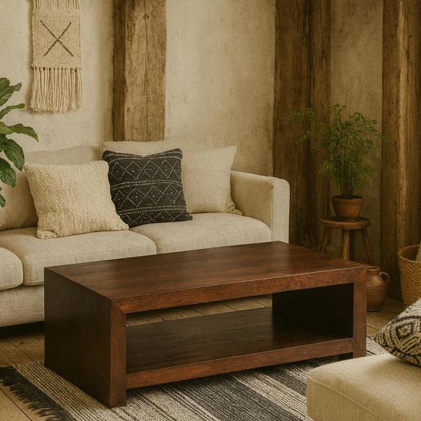 Wyld Haus Phuket Dark Mango Wood Large Coffee Table with Bottom Shelf