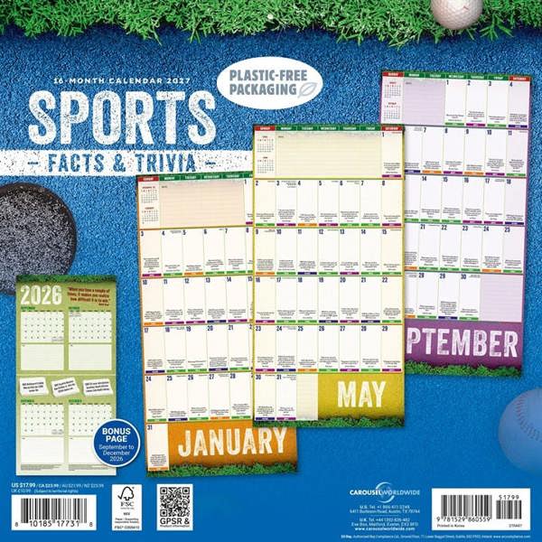 Sports Facts And Trivia Calendar 2027, Wall Calendars, Month To View, Sports, Gift