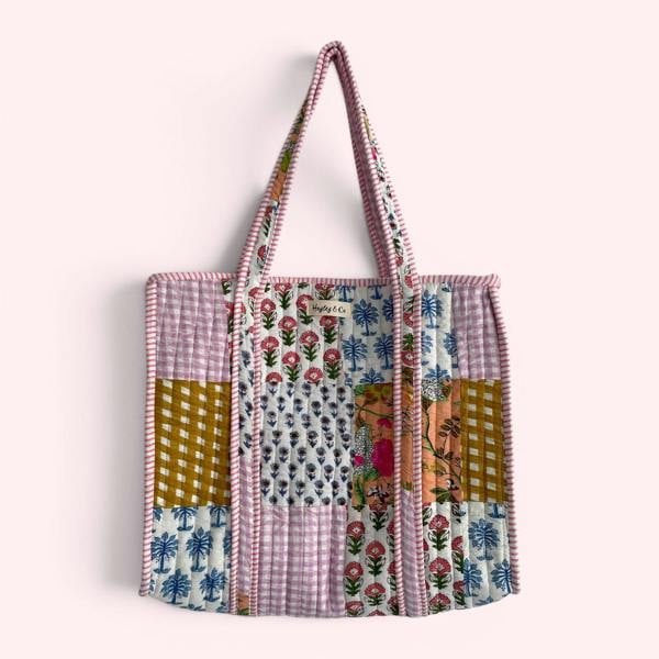Hayley & Co Cottage Floral Pink and Gingham Quilted Cotton Tote Bag