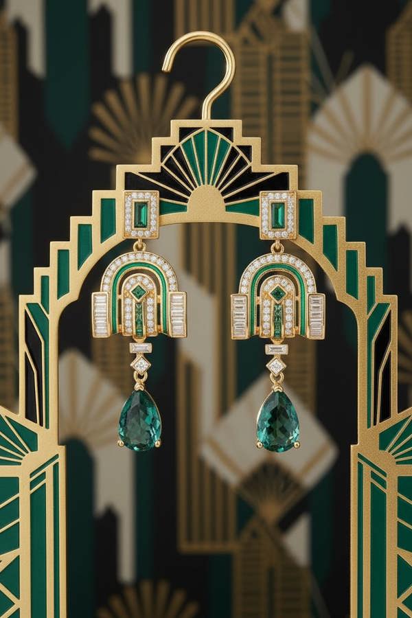 Art Deco-style earrings with emerald green gemstones on a decorative stand.